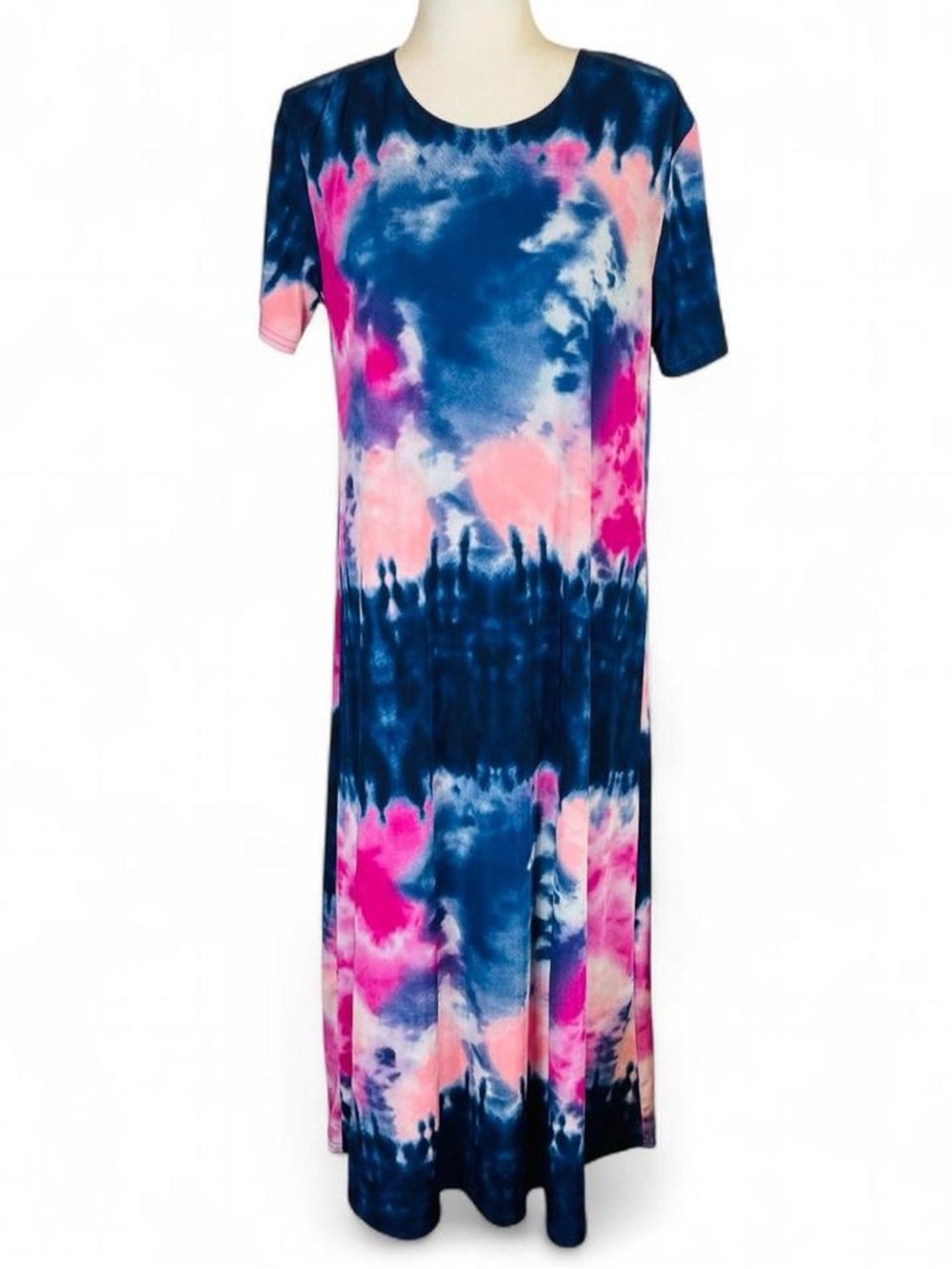 Vintage 90s Y2K Jostar Size Medium M Tie Dye Maxi Dress Short Sleeve Pink Blue